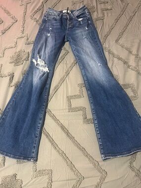 Classic Distressed Flare Jeans - Dark Blue